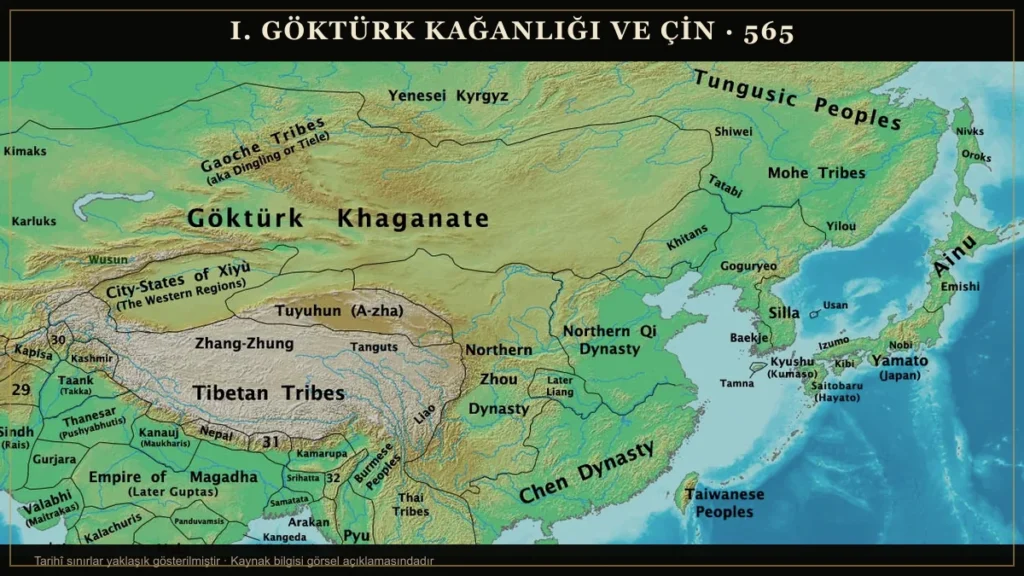 Göktürk Kağanlığı ile Çin’deki siyasi yapıların 565 yılındaki yaklaşık konumlarını gösteren tarihsel harita