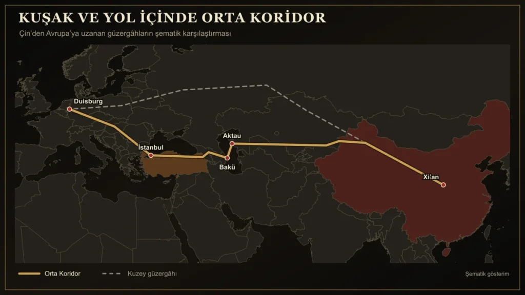 Çin’den Avrupa’ya uzanan Orta Koridor ile kuzey güzergâhını karşılaştıran şematik harita